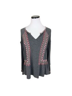 Thml Embroidered Cold Shoulder Bell Sleeve V-Neck Top Gray Size Large